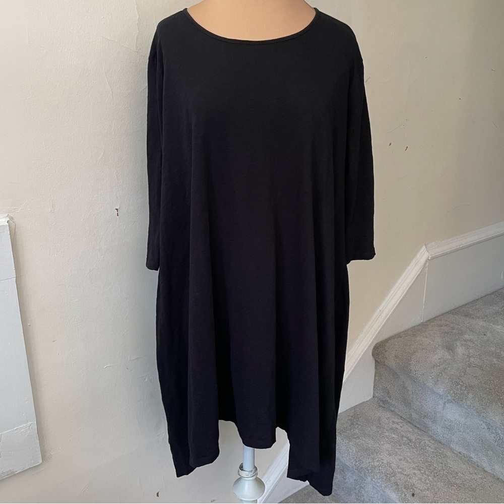 Brochu Walker Black 100% Cotton 3/4 Sleeve Asymmetric Hem Tunic Top EUC Size M